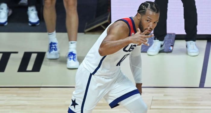 New York Knicks guard Jalen Brunson celebrates a three-pointer in the FIBA Basketball World Cup